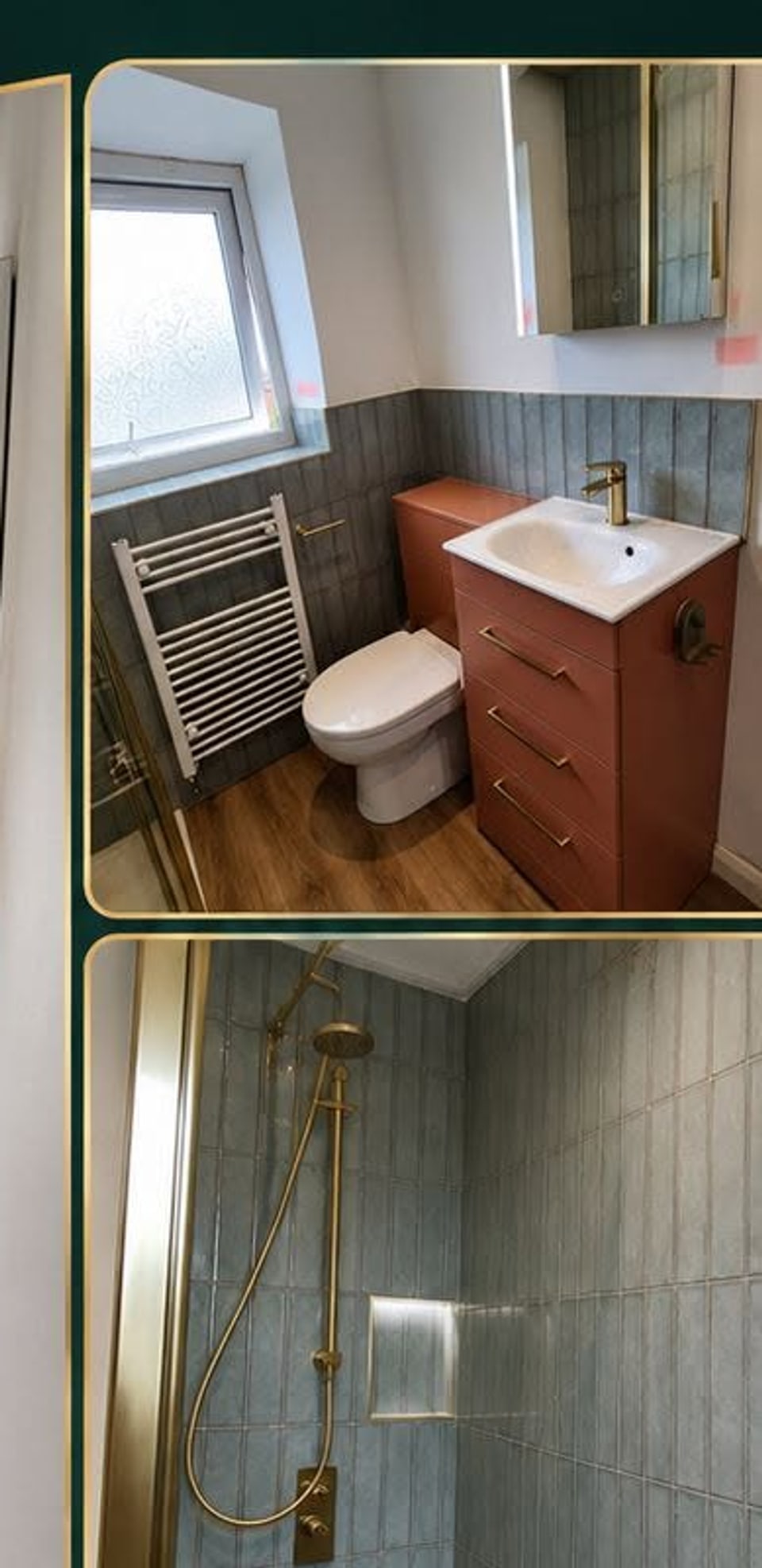 Bathroom collage showing a glass shower enclosure, rust-coloured vanity unit, toilet and heated towel rail